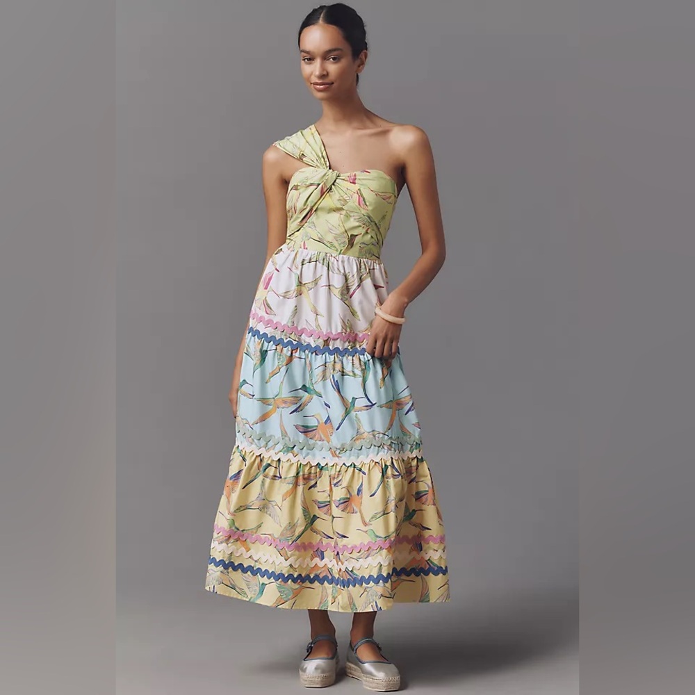 Anthropologie X Farm Rio One-Shoulder Tiered Midi Dress